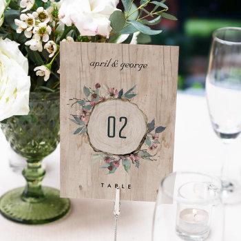 Small Rustic Wooden Wild Pink Eucalyptus Floral Wedding Table Number Front View