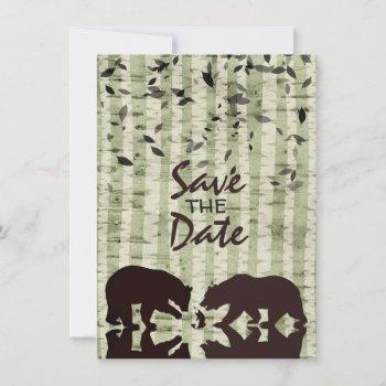 Small Rustic Woodland Bears Fishing, Birch Trees Wedding Save The Date Front View