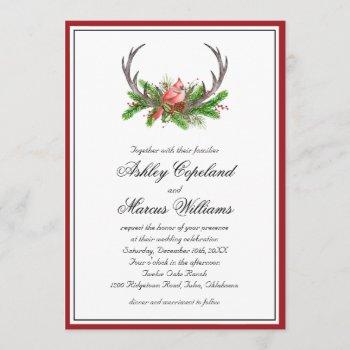rustic woodland cardinal and antlers wedding invitation