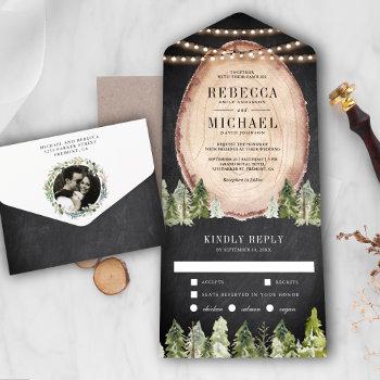 rustic woodland pine forest wood slice wedding all in one invitation