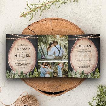 rustic woodland pine forest wood slice wedding tri-fold invitation