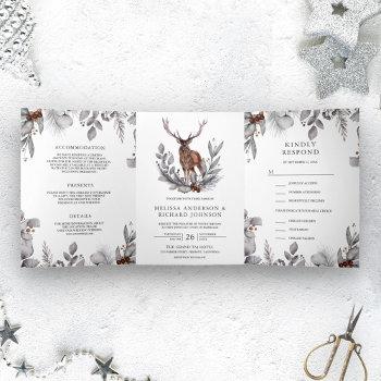 rustic woodland watercolor forest deer wedding tri-fold invitation