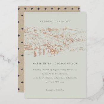 saga green rose gold foil winery sketch wedding foil invitation