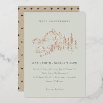 saga green rose gold mountain pine sketch wedding foil invitation