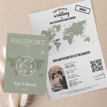 Small Sage Green Boho Wedding Passport Map Qr Code Front View