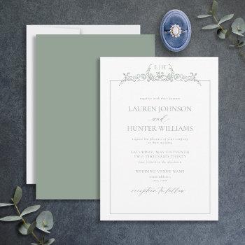 sage green floral border monogram wedding invitation