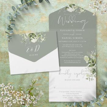sage green greenery floral details rsvp wedding all in one invitation