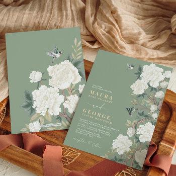 sage green ivory chinoiserie flower garden wedding invitation