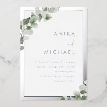 sage green leaf & silver elegant wedding foil invitation