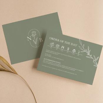 Small Sage Green Minimalist Boho Wedding Timeline Enclosure Card Front View