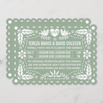sage green papel picado love birds fiesta wedding invitation