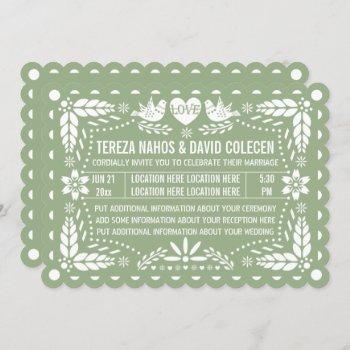 sage green papel picado love birds fiesta wedding  invitation