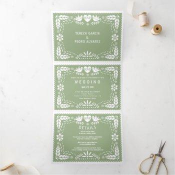 sage green papel picado love birds wedding  tri-fold invitation