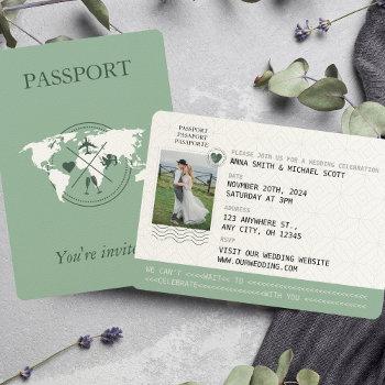 sage green passport destination wedding invitation