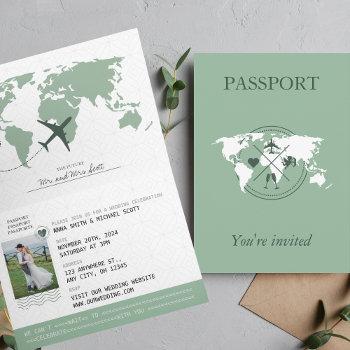sage green passport destination wedding invitation