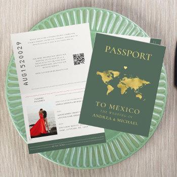 sage green passport travel destination wedding invitation
