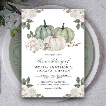 sage green pumpkin and white floral wedding invitation