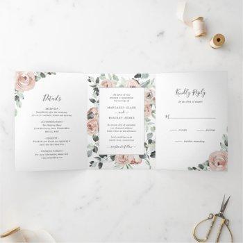 sage greenery photo pink floral dusty rose wedding tri-fold invitation