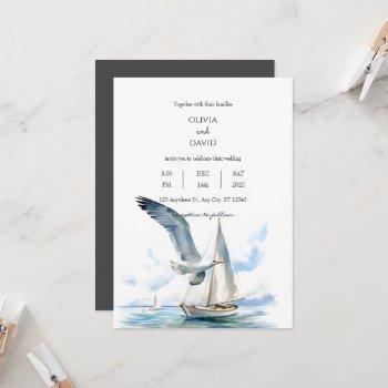 sailing sailboat cruise with seagull ocean wedding invitation