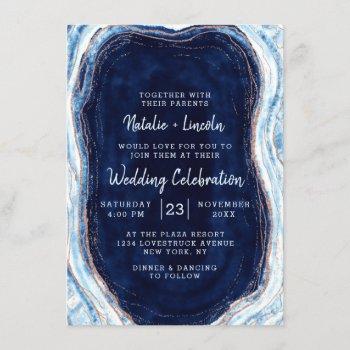 sapphire blue rose gold geode agate marble wedding invitation
