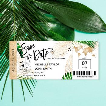Small Save The Date Boarding Pass World Map Beach Invita Front View