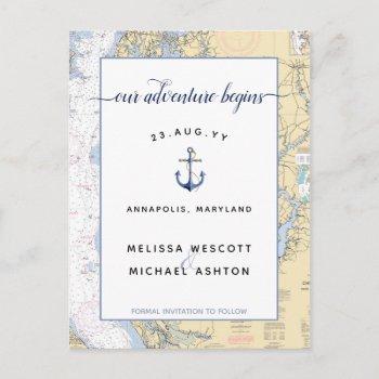 save the date dusty blue authentic nautical chart announcement postcard