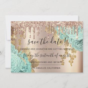 Small Save The Date Florals Rose Gold Drips Blue Front View