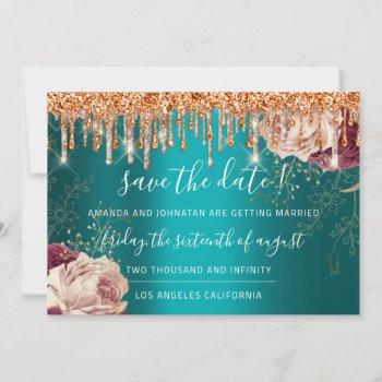 Small Save The Date Florals Rose Gold Drips Teal Orange Front View