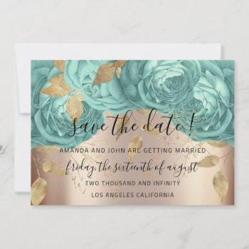 Small Save The Date Gold Floral Roses Aqua Blue Front View