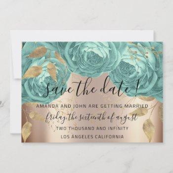 Small Save The Date Gold Floral Roses Aqua Tiffanyies Front View