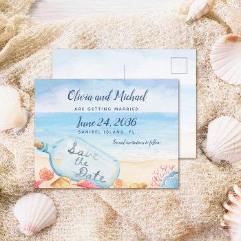 Small Save The Date Message In Bottle Beach Wedding Announcement Post Front View
