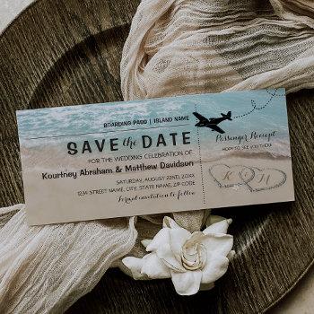 Small Save The Date Tropical Beach Hearts Boarding Pass Front View