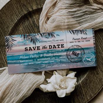 Small Save The Date Tropical Beach Lights Boarding Pass Front View