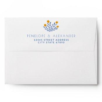 Small Scandi Folk Flowers In Blue And Yellow Wedding Inv Envelope Front View