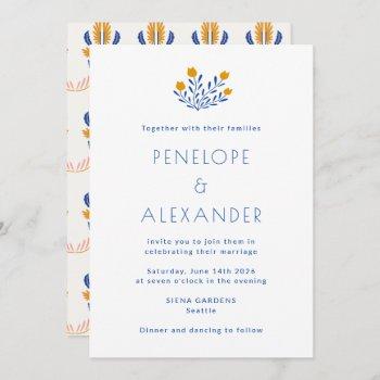 scandinavian folk floral blue yellow wedding invitation