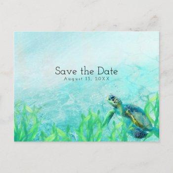 Small Sea Turtle Ocean Beach Art Wedding Save The Date Announcement Post Front View