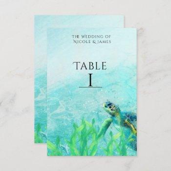 Small Sea Turtle Ocean Beach Art Wedding Table Number Front View
