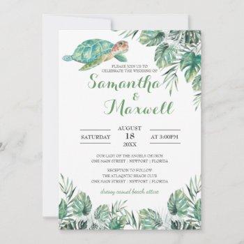 sea turtle tropical leaves watercolor wedding invitation
