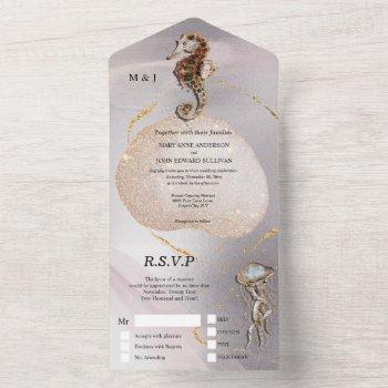 seahorse glitter jelly fish abstract beach wedding all in one invitation