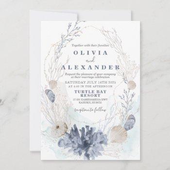 seashell beach blue wedding invitation