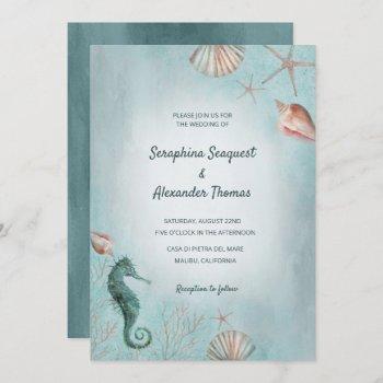 seashore | beach blue watercolor seashells wedding invitation