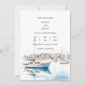 serene coastal town sailboats harbor beach wedding invitation