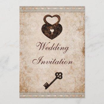 shabby chic damask hearts lock and key wedding invitation