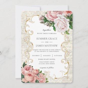 shabby chic vintage french roses letter wedding  invitation