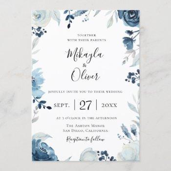 shades of blue botanical floral wedding invitation