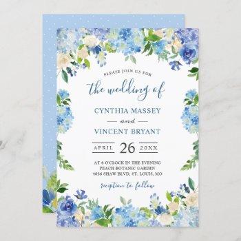 shades of blue hydrangeas pastel floral wedding invitation