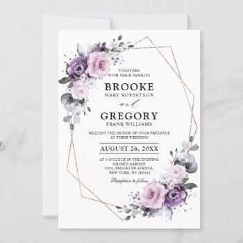 shades of dusty purple blooms geometric wedding invitation