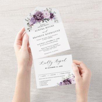 shades of dusty purple blooms moody floral wedding all in one invitation