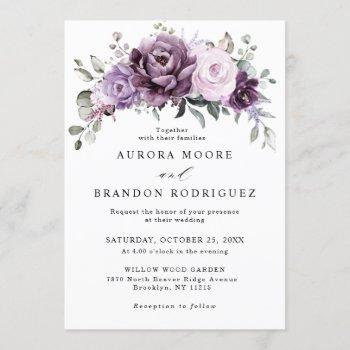 shades of dusty purple blooms moody floral wedding invitation