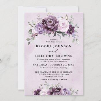 shades of dusty purple blooms moody floral wedding invitation